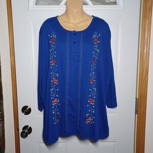 Liberty Lane Women 3X Blue Top Embroidered Cardinals Pleated Business Casual 90s